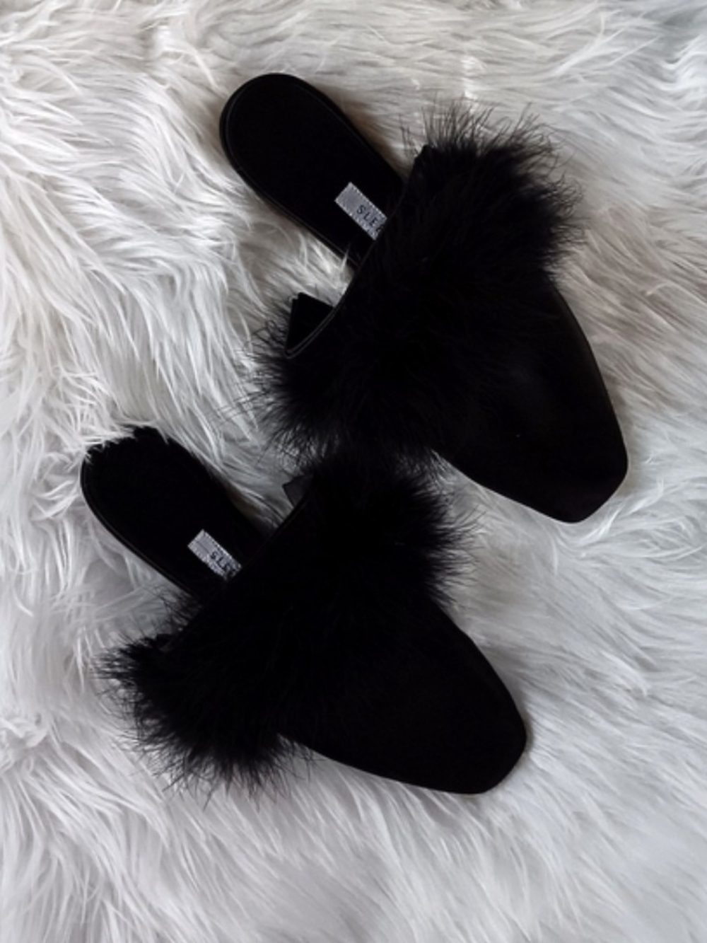 Sleeper Black Silk Satin Manon Feather Trim Slippers Size EU 40 US 10 UK 7.5 - Picture 2 of 9